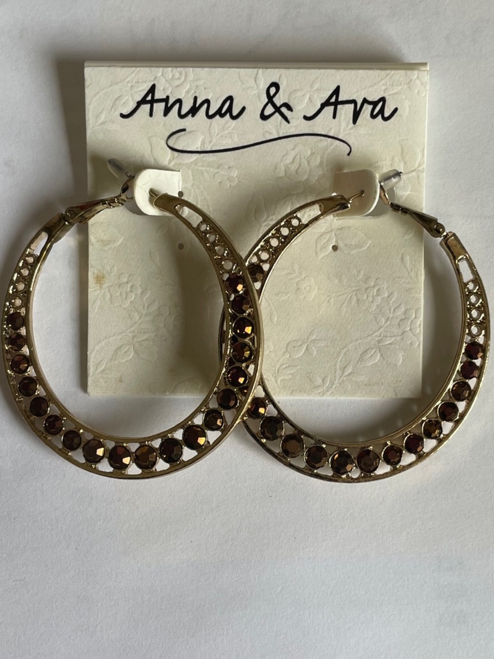 NWT Anna & Ava 2” Gold-tone Hoops with Brown Stones (Pierced)